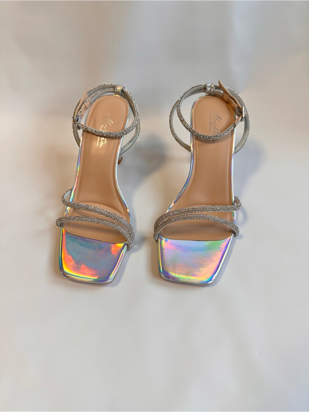 Iridescent Multi-Color Strappy Heels with Silver Rhinestone Accents - Picture 1 of 7